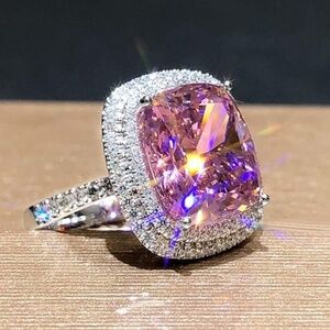 Elegant Pink Gemstone & Silver AAA White Sapphire Women's Ring